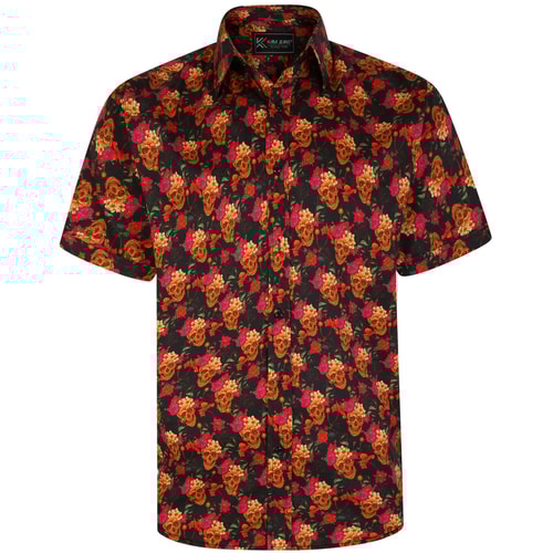 KAM Skull Rose Print Shirt Black